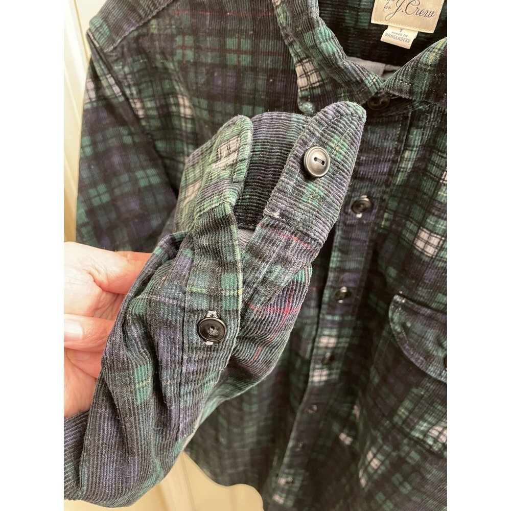 J Crew Corduroy Button Up Shirt Mens Large Blue Green Plaid Classic Pockets - Picture 8 of 11